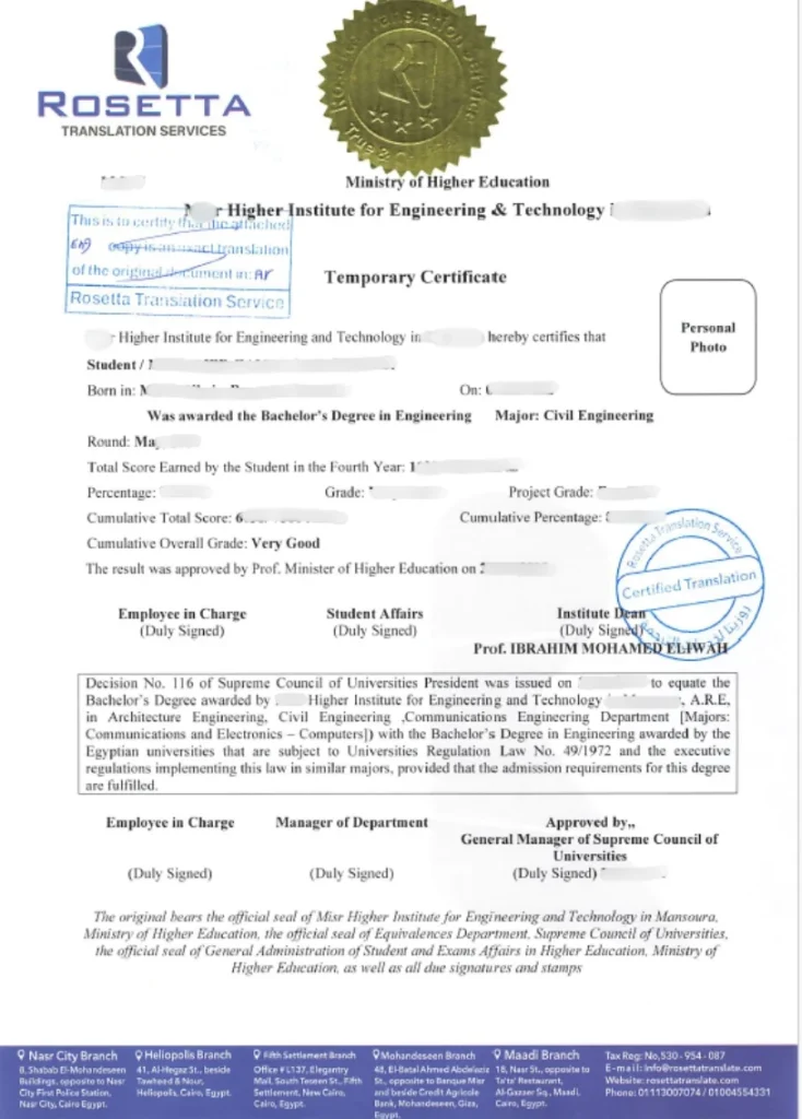 ترجمة شهادة التخرج -